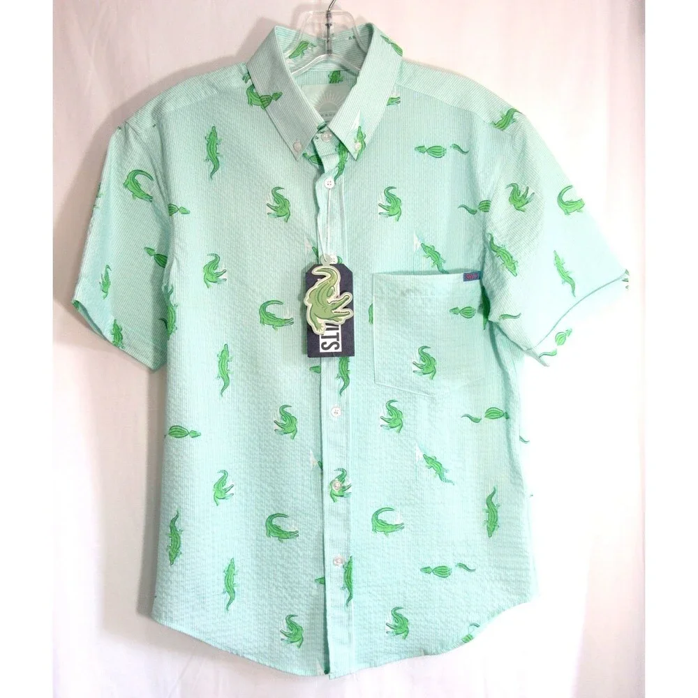 RSVLTS Alligator Green Striped Seersucker Short Sleeve Button Down Shirt XS NWT